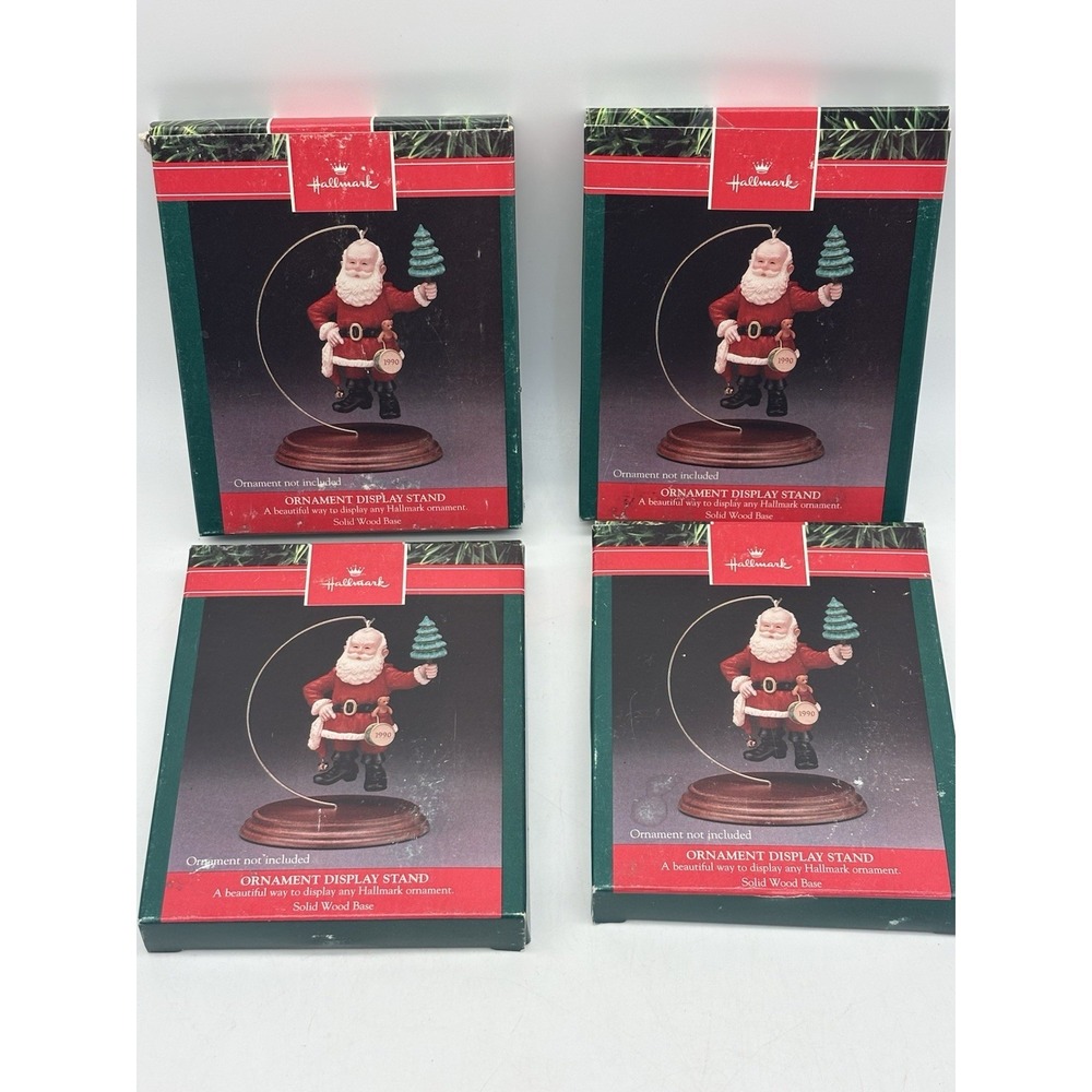 4 Hallmark Ornament Display Stands Wood Base Metal Hanger Vintage-1990